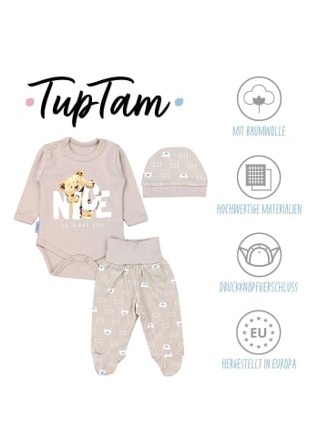 TupTam Baby Bekleidungsset Langarmbody Hose Mütze3 teilig in beige Modell 1