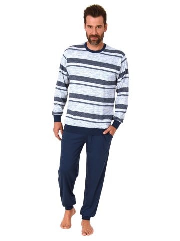 NORMANN Schlafanzug Pyjama Bündchen Streifen in blau-melange