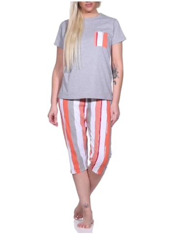 NORMANN Pyjama Schlafanzug T-Shirt Capri Hose und Design - 79887 in grau