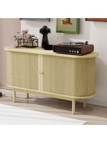 ABRIHOME Lamellen Schrank Sideboard mit Schiebetüren und Kiefernholzbeinen in Naturholz