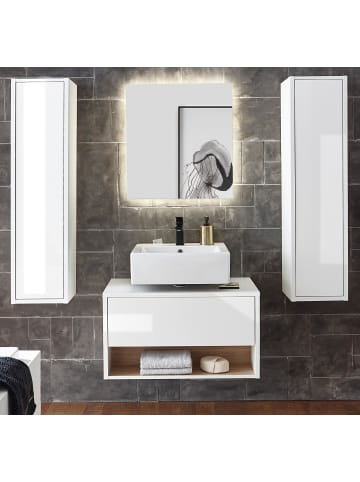 Furn.Design Badmöbel-Set 4-teilig weiß Hochglanz, Eiche 160 cm, Kombination mit Beleuchtung