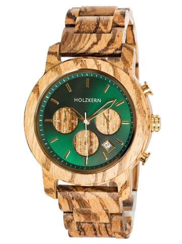 Holzkern Herrenuhr Chronograph Blätterdach Zebrano/Marmor Grün / Braun