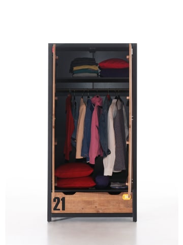 58 aufm Kessel KINDERZIMMERSCHRANK Kameko 100x55x200 MDF+Massivholz Schwarz/Cognac