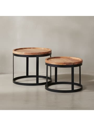 KADIMA DESIGN Beistelltisch-Set Massiv | 2 Runde Tische, Metallgestell in Beige