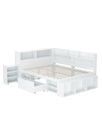 ABRIHOME Doppelbett in Weiß mit Schubladen Regal und Stauraum 90x200 cm