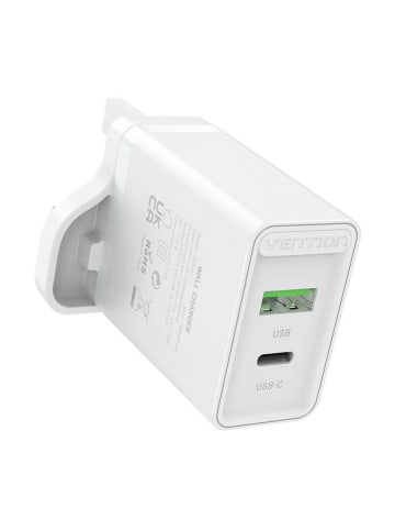 Vention UK-Netzladegerät mit 2 Anschlüssen USB-A und USB-C (18W/20W) in Weiß