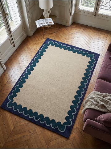 KADIMA DESIGN Teppich Wolle für Fußbodenheizung WAVENEY retro Wohnzimmer Diele in Petrol