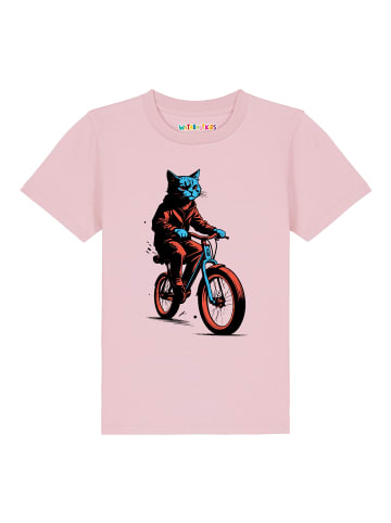 wat? Apparel T-Shirt Katze auf Fahrrad in Rosa