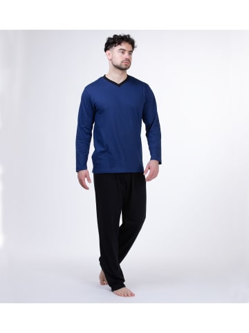 SLOUCHER Schlafanzug lang mit V-Ausschnitt in blau