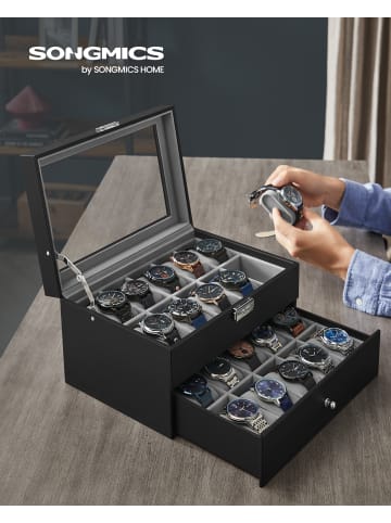 SONGMICS Uhrenbox in PU-Bezug in Schwarz - (B)28.5 x (H)16.5 x (T)20.5 cm