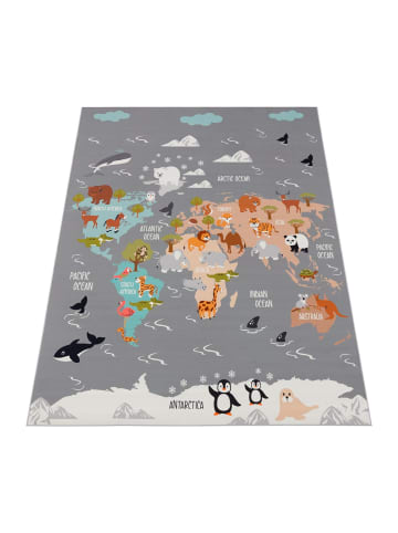 KADIMA DESIGN Kinderteppich waschmaschinenwaschbar Tier‑Weltkarten‑Muster in Grau