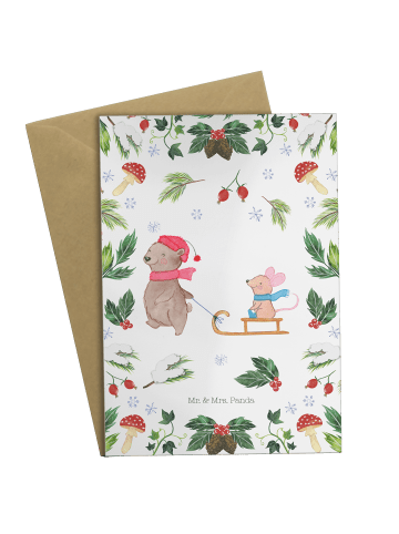 Mr. & Mrs. Panda Grußkarte Bär und Maus Schlitten ohne Spruch in Weiß