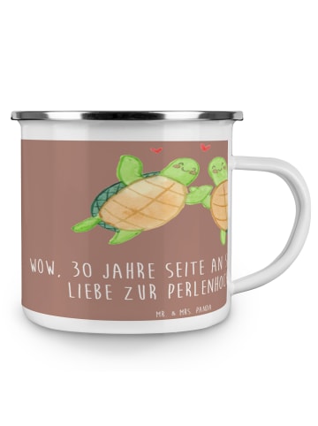 Mr. & Mrs. Panda Camping Emaille Tasse 30. Hochzeitstag Perlenho... in Braun Pastell