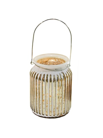 MARELIDA Windlicht für Teelichter oder Kerzen geriffeltes Glas H: 14,5cm in weiß, gold