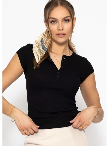 SASSYCLASSY Geripptes T-Shirt mit Knopfleiste in Schwarz