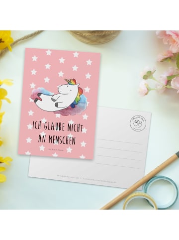 Mr. & Mrs. Panda Postkarte Einhorn Wolke 7 mit Spruch in Rot Pastell