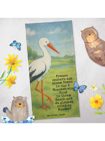 Mr. & Mrs. Panda Badehandtuch Storch Design mit Spruch in Gelb Pastell