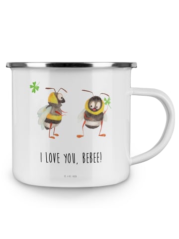 Mr. & Mrs. Panda Camping Emaille Tasse Bienen Paar mit Spruch in Weiß