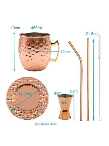 Intirilife Moscow Mule Cocktail Becher 2er Set 450 ml mit Untersetzer Strohhalme in Kupfer