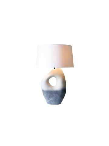 SalesFever Tischleuchte 69 cm handbemalte Keramikbasis in Blau und Leinenschirm in Weiß