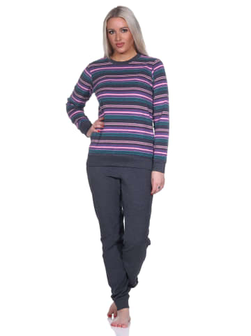 NORMANN Kuschel Frottee Schlafanzug Bündchen Streifen - 75933 in anthrazit-melange