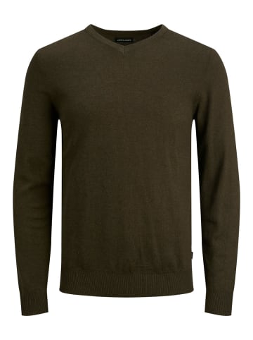 Jack & Jones Dünner Langarm Strickpullover V-Neck Basic Sweater JJEEMIL in Olive