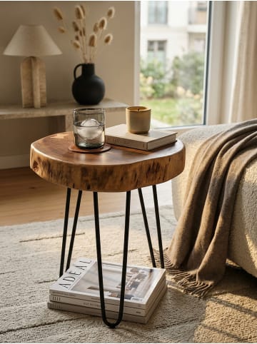 KADIMA DESIGN Beistelltisch Massivholz | Baumstammoptik, Metallbeine, Robust in Hellbraun