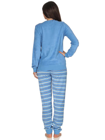 NORMANN Frottee Pyjama langarm Bündchen Hose gestreift Oberteil - 49937 in hellblau