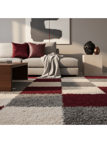 KADIMA DESIGN Teppich Hochflor Shaggy Waschbar Karo RHEIN Strapazierfähig in Rot