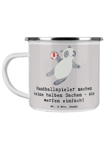 Mr. & Mrs. Panda Camping Emaille Tasse Handball Wurf mit Spruch in Grau Pastell