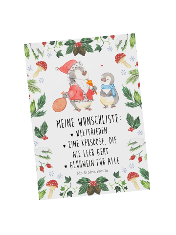 Mr. & Mrs. Panda Ansichtskarte Pinguin Wunschliste mit Spruch in Weiß