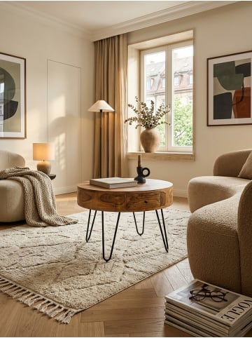 KADIMA DESIGN Couchtisch | Sheesham Massiv, Schubladen, Vintage, Rund