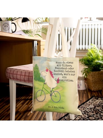 Mr. & Mrs. Panda Schultertasche Einhorn Radfahrer Design mit Spruch in Weiß