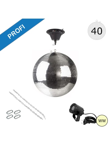 SATISFIRE Spiegekugel Set mit Motor und WW Spot in silber - Durchmesser: 40cm