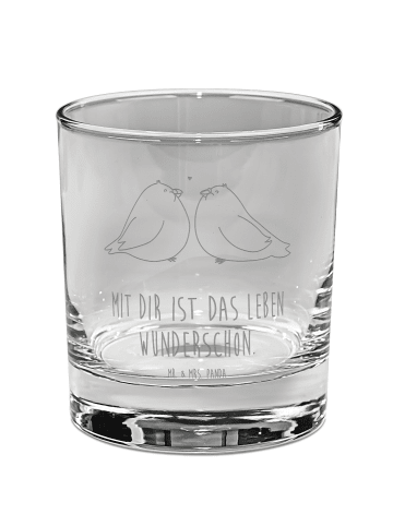 Mr. & Mrs. Panda Whiskey Glas Turteltauben Liebe mit Spruch in Transparent