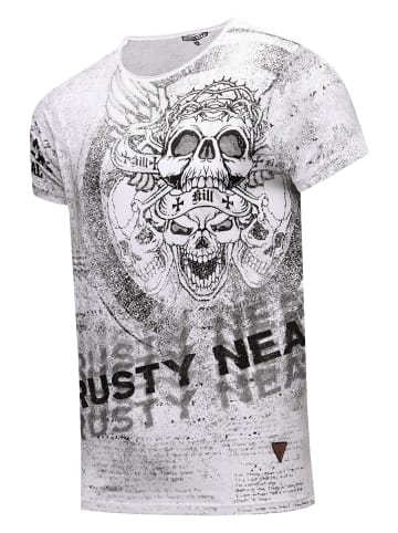 Rusty Neal Vintage Biker T-Shirt mit Skull All Over Print, Oil Wash & Raw Edge in Weiß