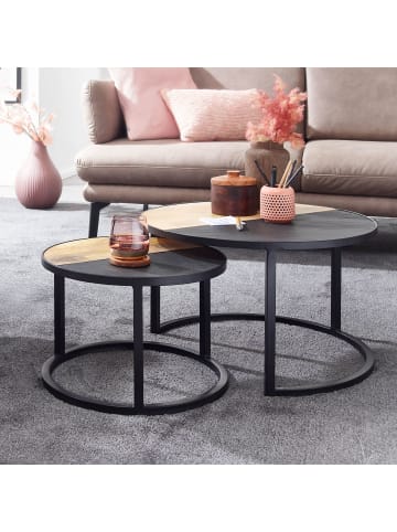 KADIMA DESIGN Couchtisch 2er Set Mango Massivholz / Stein-Optik Sofatisch Rund