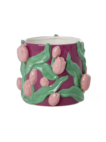 Rice Handbemalter Keramik Blumentopf mit Tulpenmuster in rosa