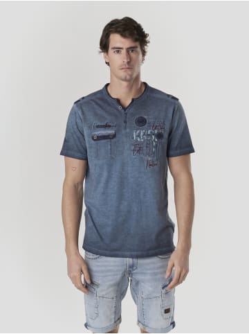 KOROSHI Henley cotton print-emb washed t-shirt in blau