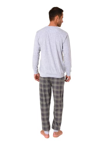 NORMANN langarm Schlafanzug Pyjama Bündchen und karierter Jersey Hose - 83195 in grau
