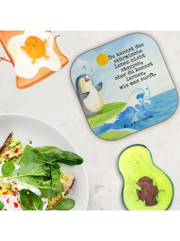 Mr. & Mrs. Panda Tassenuntersetzer Pinguin Surfer Design mit Spruch in Weiß