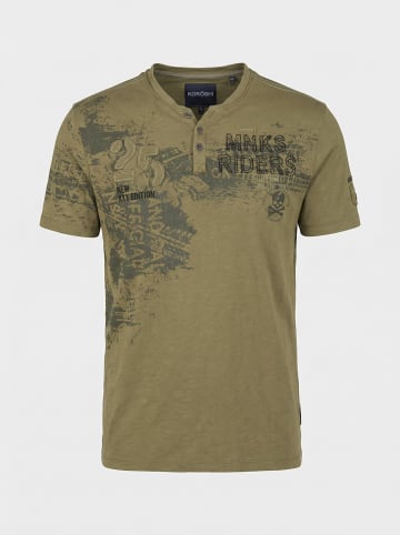 KOROSHI Henley cotton print-emb washed t-shirt in khaki