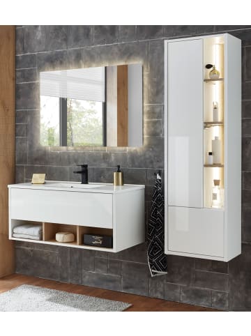 Furn.Design Badmöbel-Set weiß Hochglanz, Eiche 3-teilig, Badmöbel mit Waschbecken