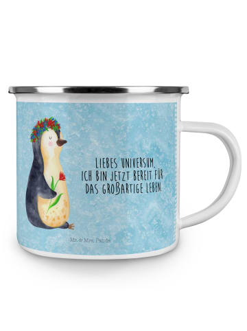 Mr. & Mrs. Panda Emaille Tasse Pinguin Blumen mit Spruch in Eisblau
