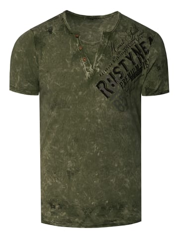 Rusty Neal V-Neck T-Shirt Verwaschen mit Seitlichem Logo Print in Khaki
