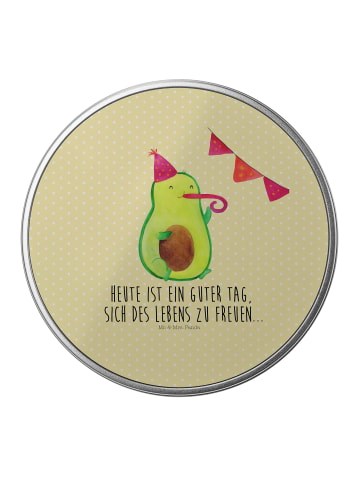 Mr. & Mrs. Panda Blechdose rund Avocado Party mit Spruch in Gelb Pastell