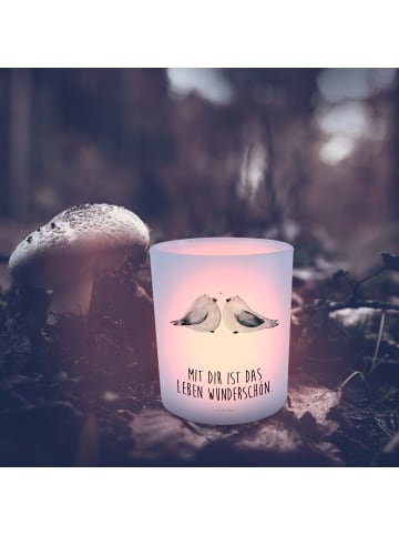 Mr. & Mrs. Panda Glas Windlicht Turteltauben Liebe mit Spruch in Transparent