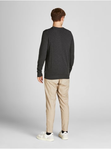 Jack & Jones Dünner Langarm Strickpullover V-Neck Basic Sweater JJEEMIL in Dunkelgrau