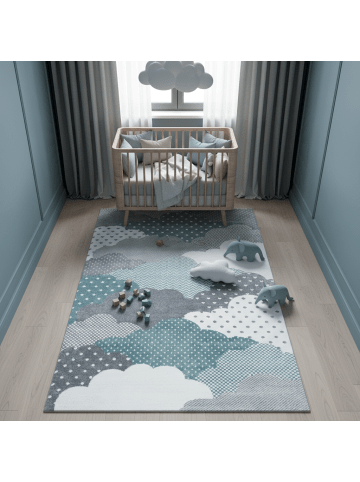 KADIMA DESIGN Kinderteppich Waschbar Wolken NOLA Strapazierfähig OEKO-TEX in Blau