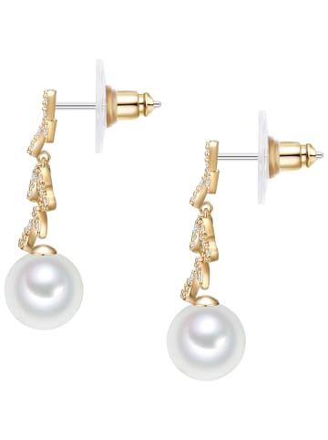 Lulu & Jane Perlen-Ohrhänger aus Messing mit Zirkonia und Muschelkernperle in gelbgold